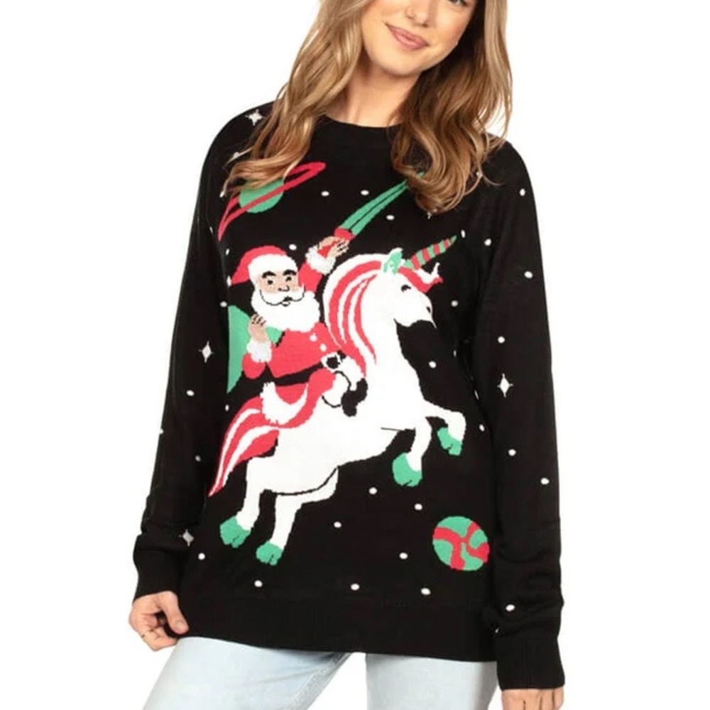 NWOT TIPSY ELVES Unisex Santa Unicorn Ugly Christmas Sweater Size X Large. - Picture 3 of 11